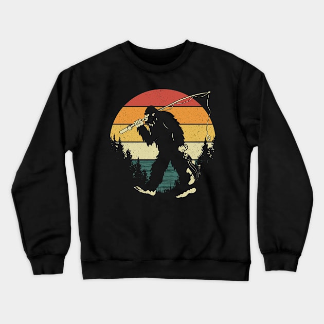 Bigfoot Fishing Retro Sunset Crewneck Sweatshirt by Tesszero